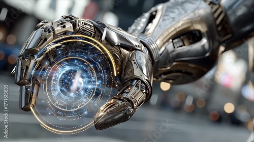 輝くホログラムの輪を保持する、金と銀のサイボーグアームのクローズアップ | Close-up of a Gold and Silver Cyborg Arm Holding a Glowing Hologram Ring