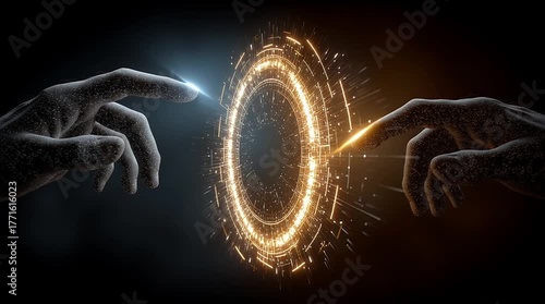 光と手のクローズアップ：デジタルと人間の手が輝くエネルギーポータルに触れる瞬間 | Digital and Human Hands Touching a Glowing Energy Portal: Close-up of Light and Hands