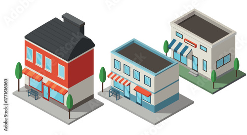 Isometric city shops: vibrant urban storefront designs for modern landscapes