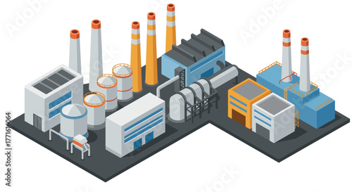 Isometric industrial factory complex with chimneys and storage tanks