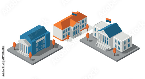 Isometric city buildings with trees in modern urban style