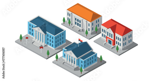 Isometric government buildings set with distinctive roof colors and classic architecture