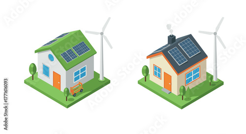 Sustainable energy homes with solar panels and wind turbines in isometric style