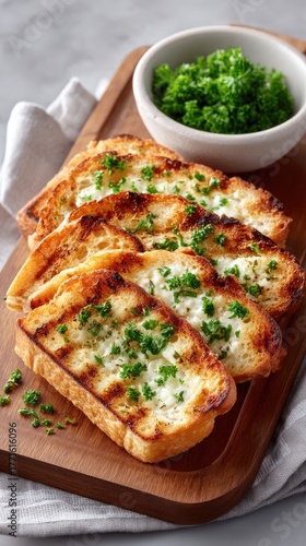 Rustic Grilled Bread Slices Garnished With Fresh Parsley Served On A Wooden Board With A Small Bowl Of Chopped Herbs A Delicious Appetizer Or Side Dish