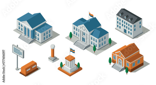 Isometric government buildings set with flags in blue and orange color scheme