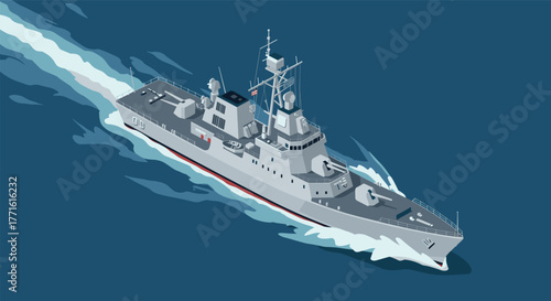 Modern navy destroyer sailing on open sea in isometric perspective