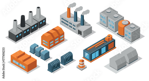 Isometric factory buildings set with industrial structures and equipment