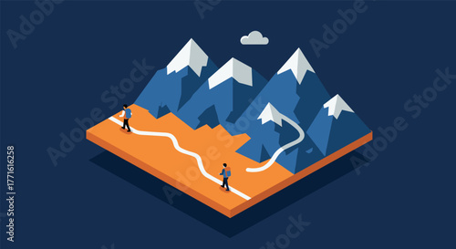 Isometric mountain landscape with hikers on pathway and snow caps