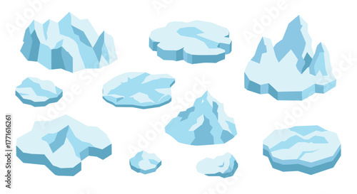 Collection of isometric iceberg elements on white background