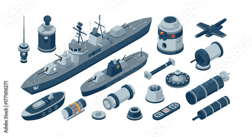Navy warships and military technology components in isometric digital art