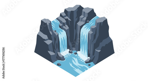Isometric waterfall with cascading streams and rocky cliff design