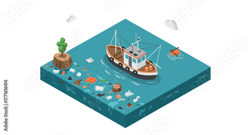Isometric ocean pollution with fishing boat and debris