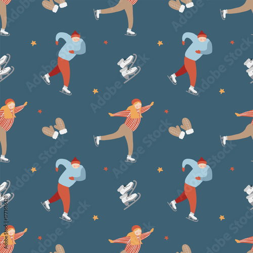 Vector illustration of people skating, seamless pattern for Christmas or New Year. Winter sports. Vector flat illustration on a blue background. Winter attributes skates, mittens.