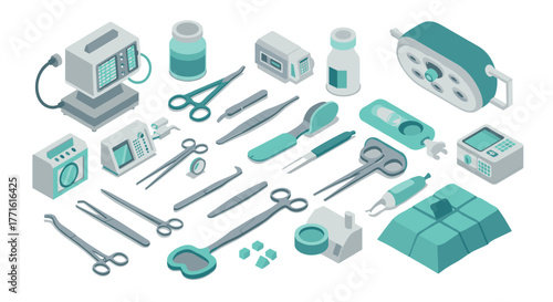 Isometric medical tools layout: surgical instruments and equipment in teal hues