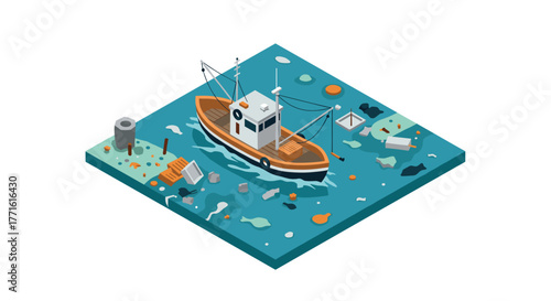 Isometric view of fishing boat amid ocean pollution and floating debris
