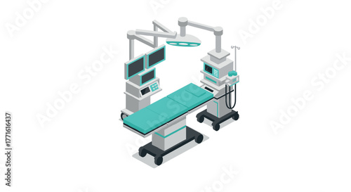 Isometric medical operating room equipment with hospital bed and monitors