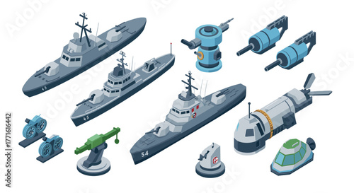 Isometric naval fleet set with modern battleships and tactical accessories