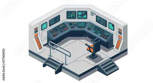 Futuristic spacecraft control room with advanced technology in isometric design