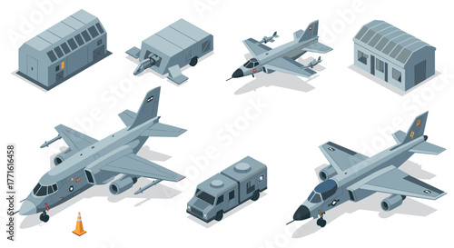 Isometric military aircraft and hangars set with ground vehicles