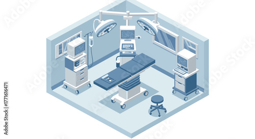 Isometric modern operating room with advanced medical equipment and technology