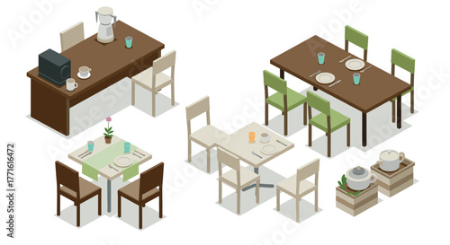 Isometric dining room and coffee station setup with modern furniture
