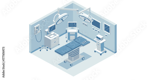 Modern isometric hospital operating room interior with medical equipment