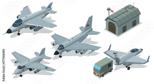 Isometric military aircraft and hangar scene with fighter jets