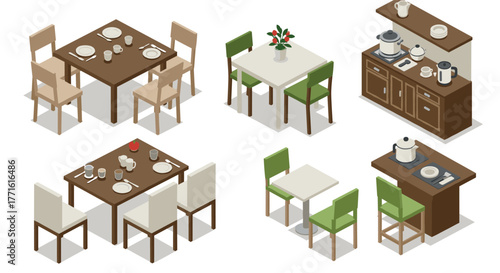 Isometric dining room setups with tables, chairs, kitchen counters, and tableware