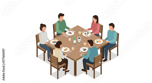 Isometric family dining scene with six people sharing a meal around a table