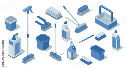 Isometric cleaning tools set in blue and white for home and office hygiene