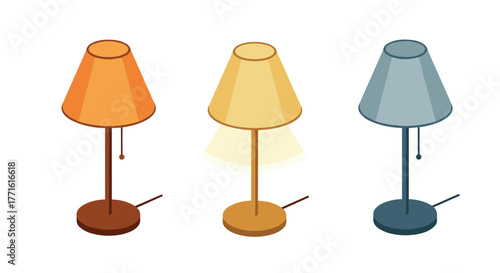 Isometric set of three colorful modern floor lamps with pull chains