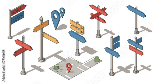 Colorful isometric signpost collection with map and location pins