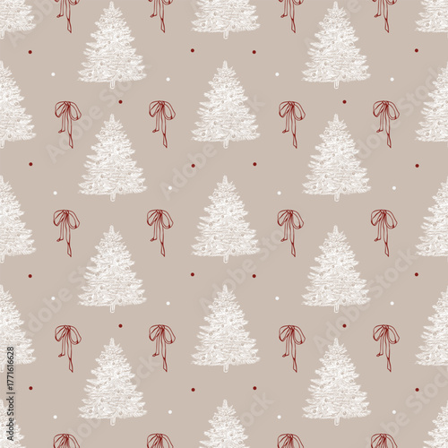 Vintage vector pattern with a Christmas tree and bows. New Years white pine trees and red bows on a pastel beige background. Retro Christmas pattern. Vintage Christmas. Vector graphic illustration