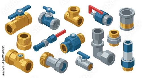 Industrial plumbing valves and fittings in isometric 3d design for engineering projects