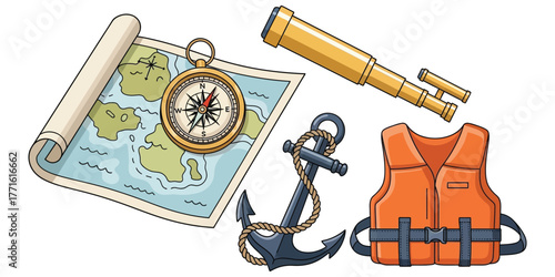 Nautical adventure equipment, including a compass, map, anchor, telescope, and life vest, perfect for maritime exploration and seafaring journeys
