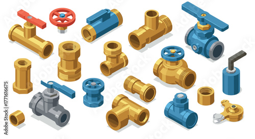 Colorful isometric plumbing components and pipe fittings on white background