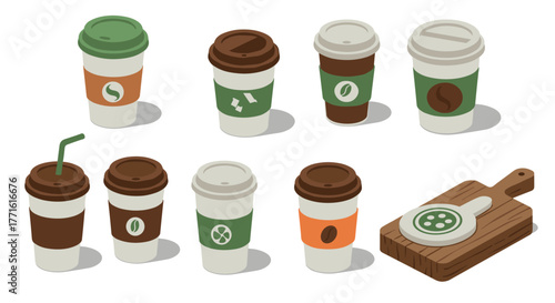 Isometric coffee cups with lids and sleeves on white background
