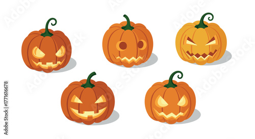 Collection of scary halloween pumpkins with carved faces in flat style
