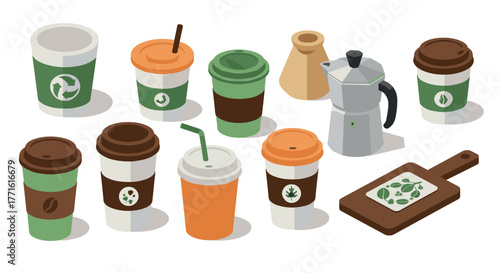 Sustainable coffee icons: eco-friendly cups and brewing tools in isometric style