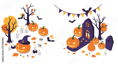 Halloween isometric scene with pumpkins, candles, and spooky decor