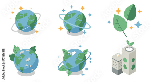 Eco earth concepts with leaves and stars in isometric design
