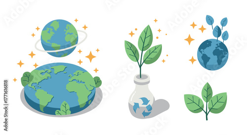 Eco-friendly planet: sustainable earth with green energy and recycling symbols