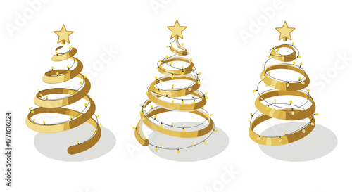 Golden spiral christmas trees with stars and lights on white background
