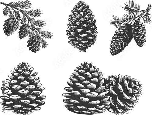 Set illustrations of fir cone isolated on transparent background. Vector graphics