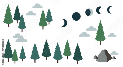 Flat forest scene with pine trees and moon phases in minimalist style