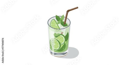 Refreshing mojito with lime slices and mint leaves in a glass with straw