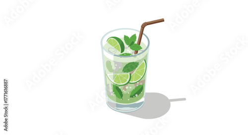Refreshing mint and lime cocktail with ice and straw in a glass isometric design
