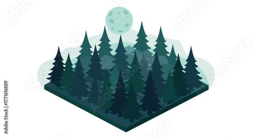 Isometric forest with moonlit night scene featuring dense pine trees