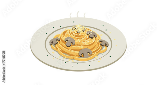 Creamy mushroom pasta with cheese on white plate