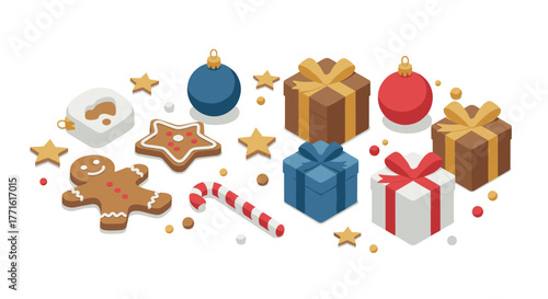 Festive christmas elements in isometric style with gifts, ornaments, and cookies